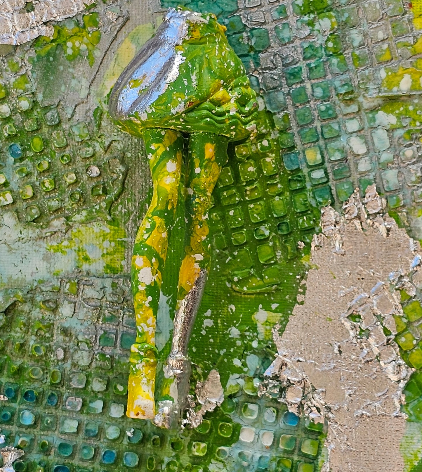 Walk into the Unknown, Unique Abstract Wall Art – Green & Silver Mixed Media Textured Painting with 3D Figurative Element