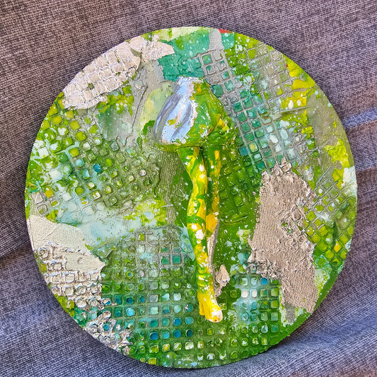 Walk into the Unknown, Unique Abstract Wall Art – Green & Silver Mixed Media Textured Painting with 3D Figurative Element