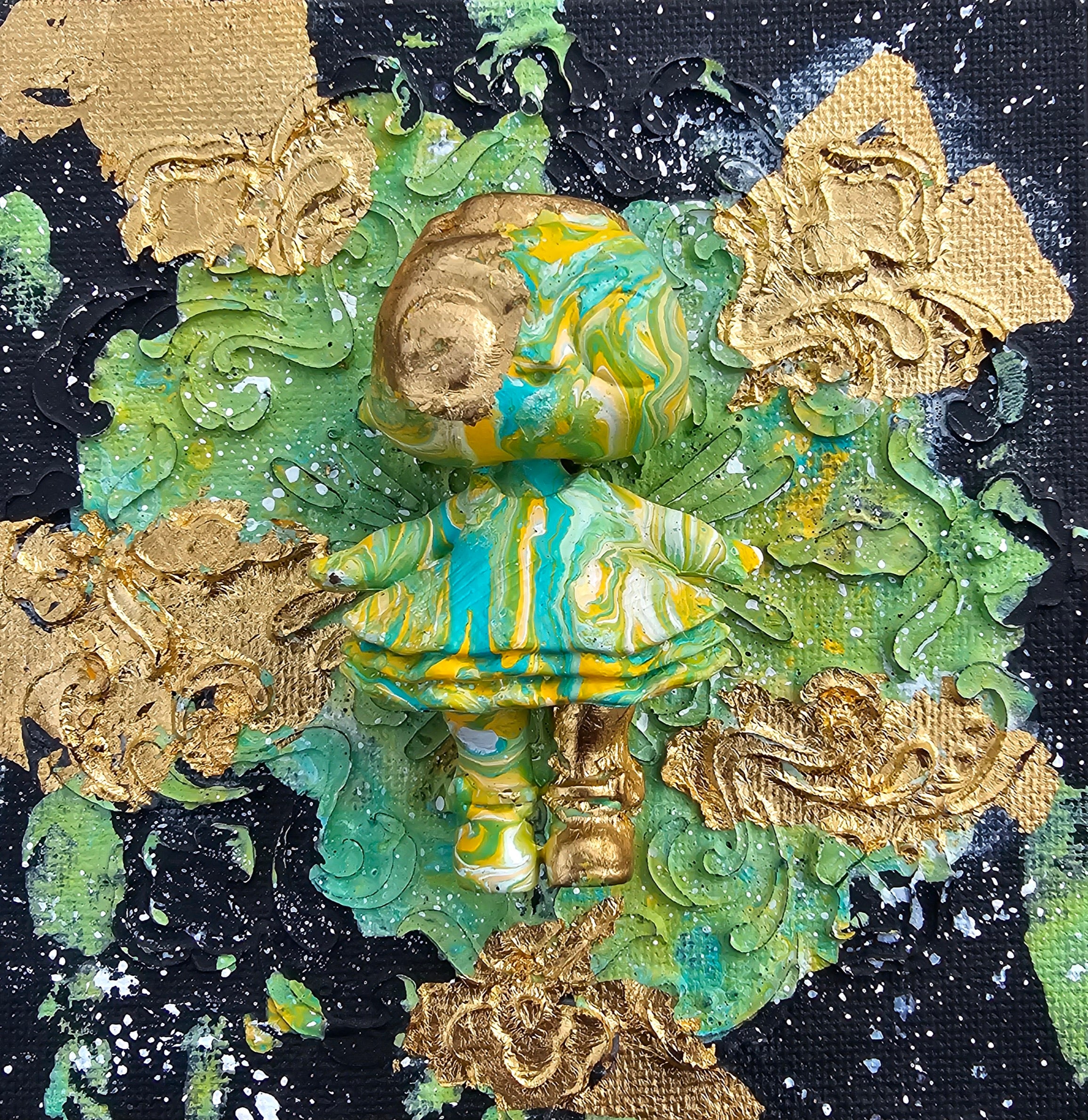 Bambola, Mixed Media Abstract Wall Art – Gold Leaf, Green & Black Textured Painting, Unique Modern Decor
