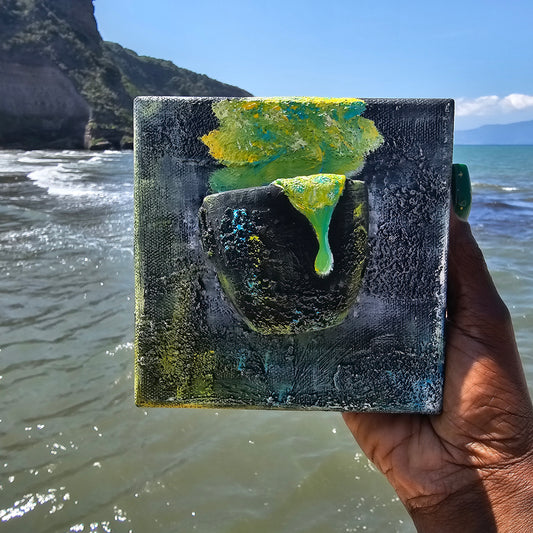 Cosmic Cafe, 3D textured whimsical black, green & yellow  abstract wall art