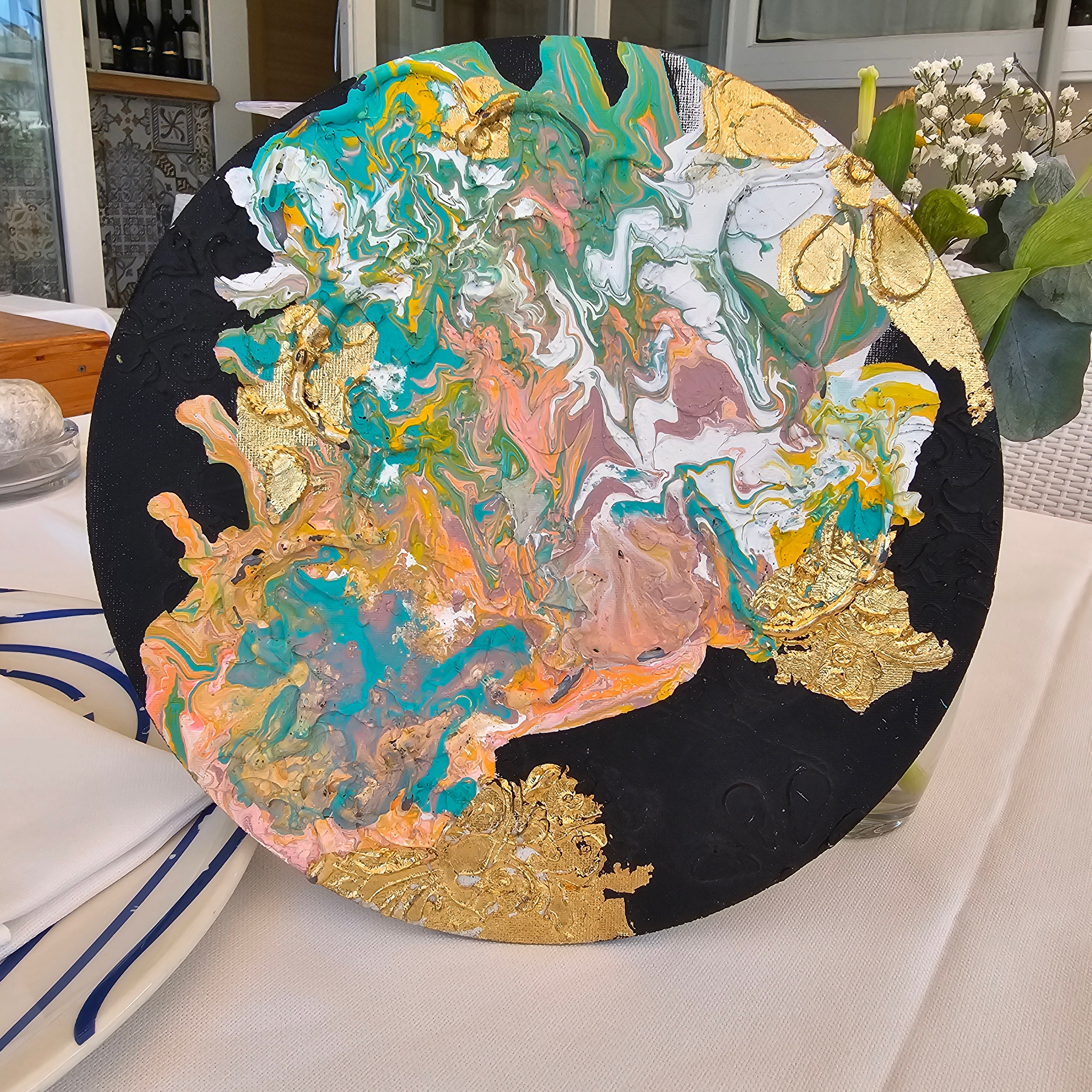 unique abstract artwork, boho wall decor, luxury wall art, circular canvas art, gold leaf wall art, 