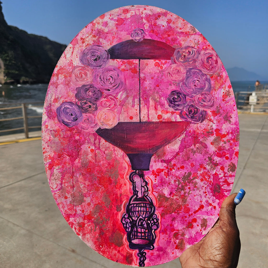  abstract floral dreamscape artwork, whimsical oval canvas painting of a pink and purple hot air balloon made of roses, hanging birdcage