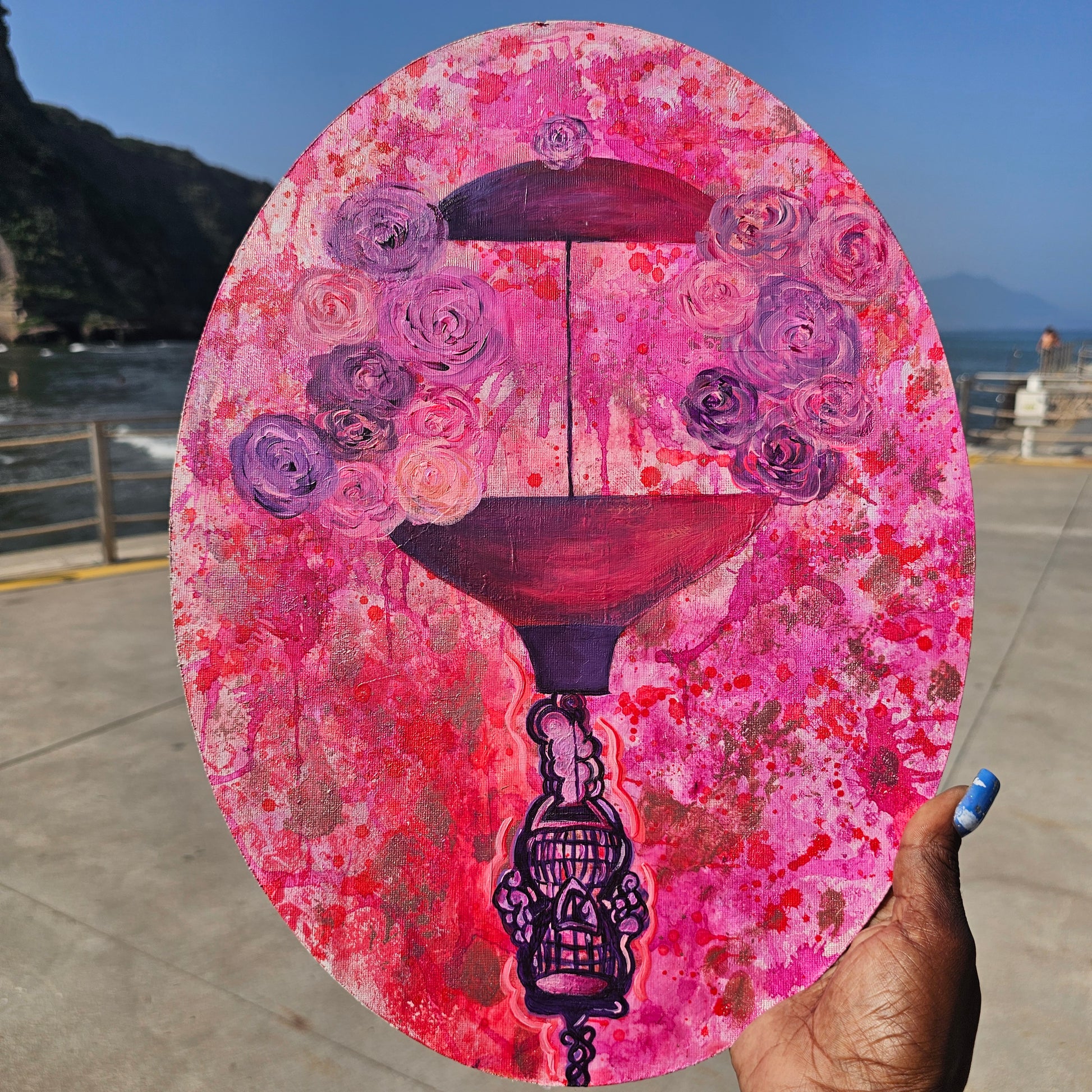  abstract floral dreamscape artwork, whimsical oval canvas painting of a pink and purple hot air balloon made of roses, hanging birdcage