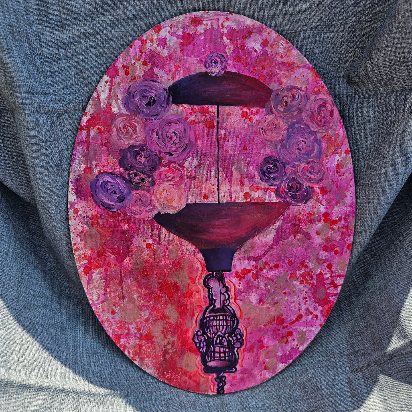 Freedom Dreamscape,Oval Pink & Purple Abstract Floral Canvas Art, Whimsical Hot Air Balloon with Birdcage in Pink & Violet
