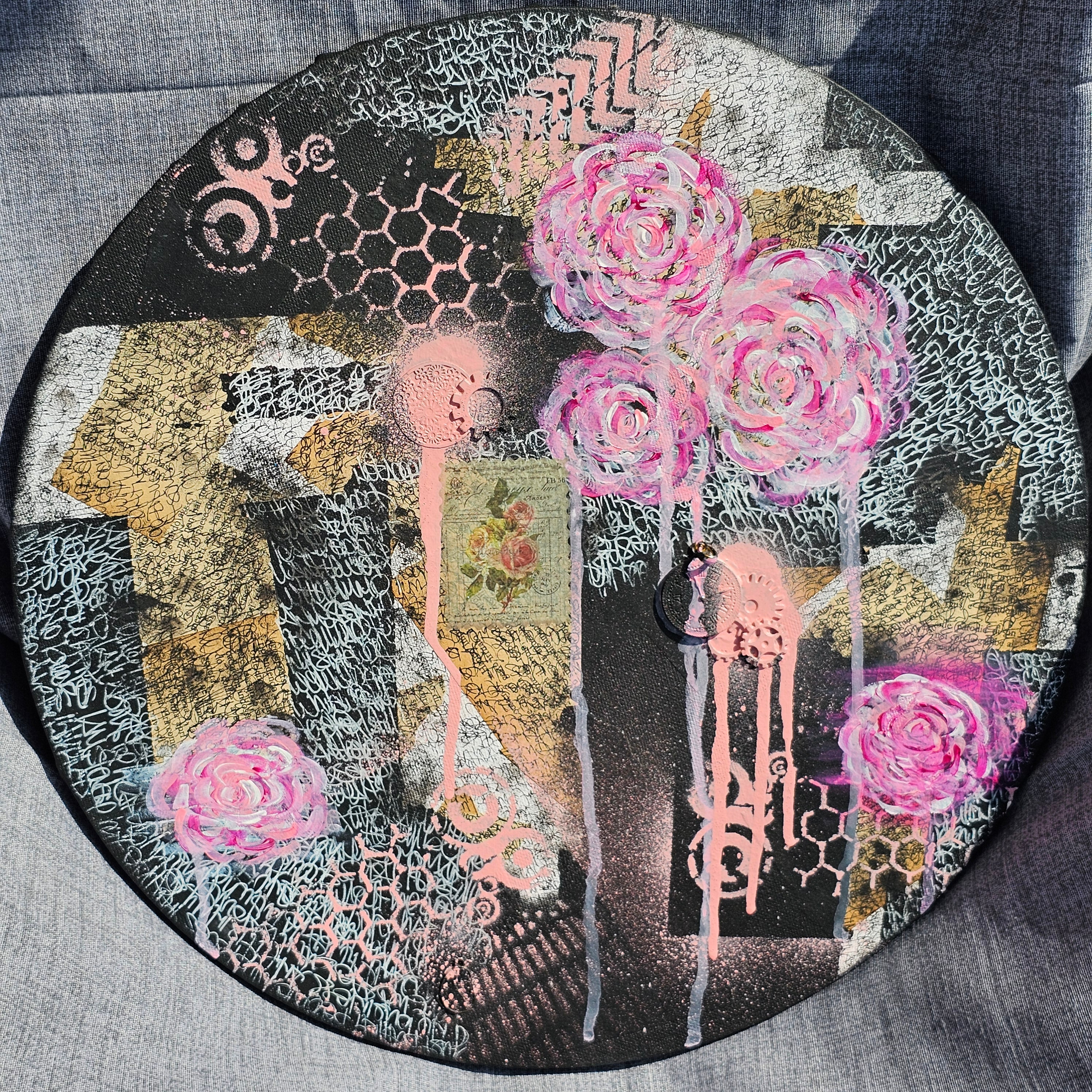 acrylic floral art, pink rose artwork, round canvas wall art, statement wall art, gift for art lovers