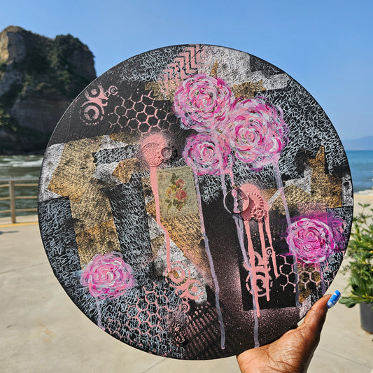 Black Victorian Floral Graffiti, Round Abstract Graffiti Floral Painting-Pink Roses Mixed Media Art Canvas
