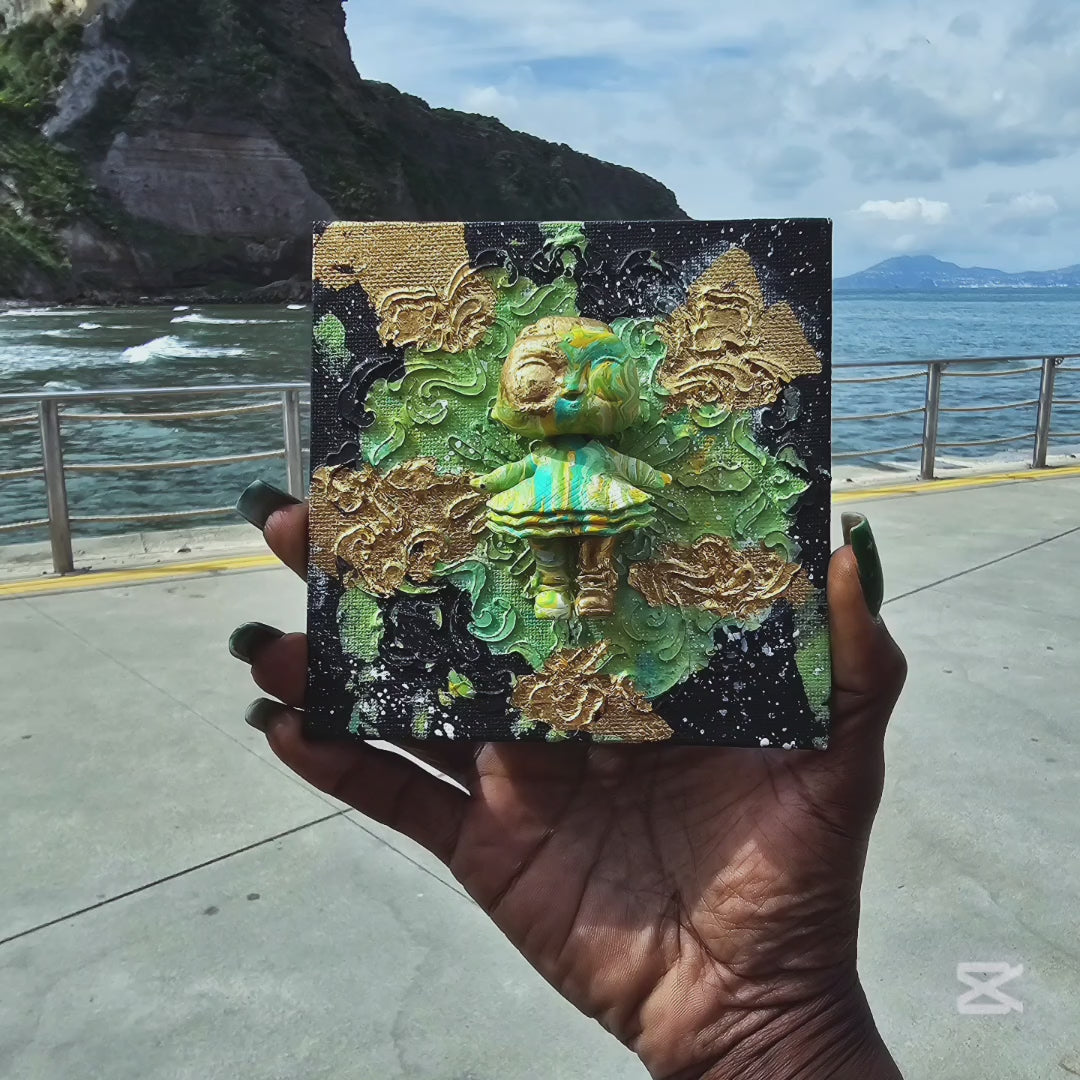 Bambola, Mixed Media Abstract Wall Art – Gold Leaf, Green & Black Textured Painting, Unique Modern Decor