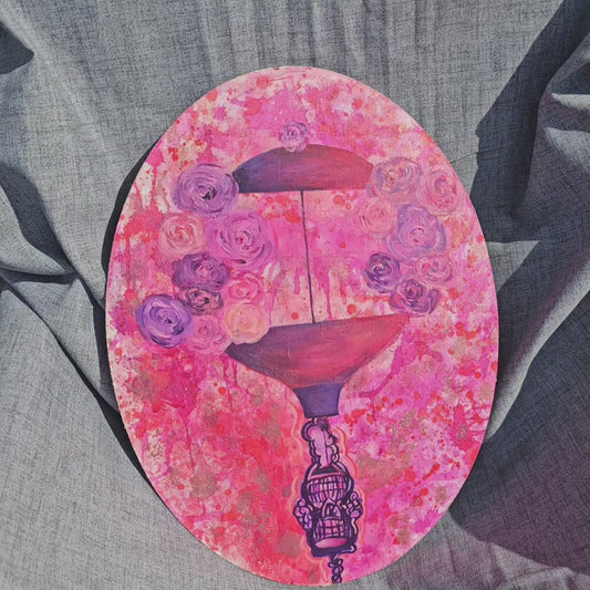 Freedom Dreamscape,Oval Pink & Purple Abstract Floral Canvas Art, Whimsical Hot Air Balloon with Birdcage in Pink & Violet
