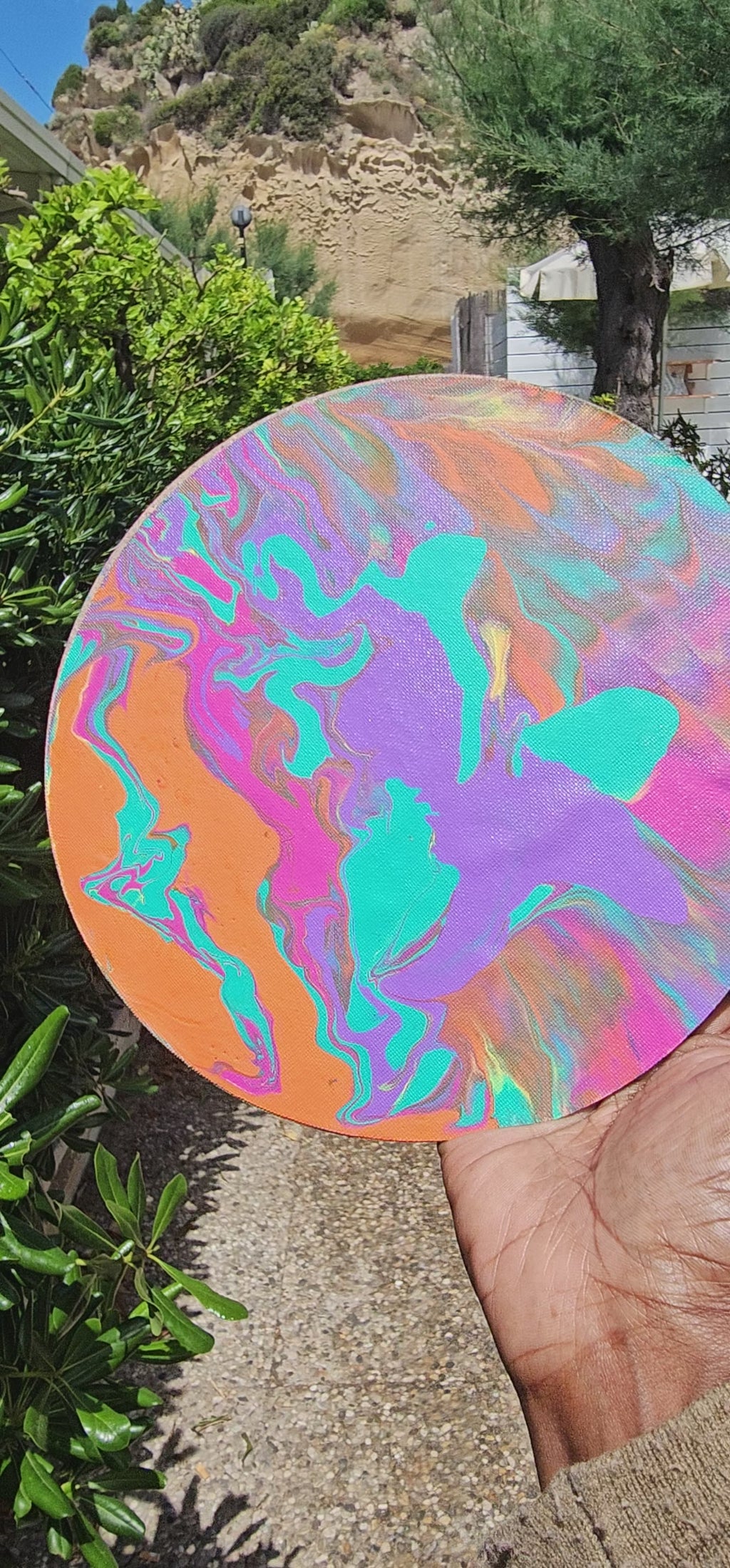 Whimsical Sherbet 20cm: Quadro Rotondo Originale Acrylic Pour | Eclectic Nomad Wares