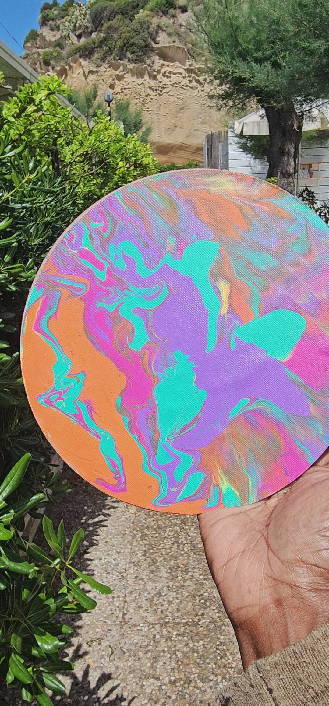 Whimsical Sherbet 20cm: Quadro Rotondo Originale Acrylic Pour | Eclectic Nomad Wares