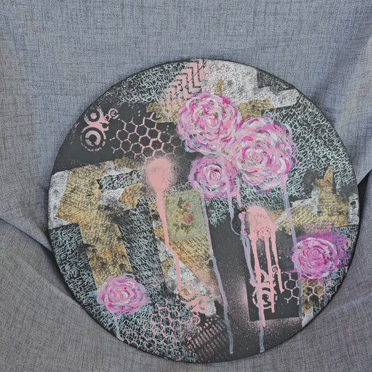 Black Victorian Floral Graffiti, Round Abstract Graffiti Floral Painting-Pink Roses Mixed Media Art Canvas