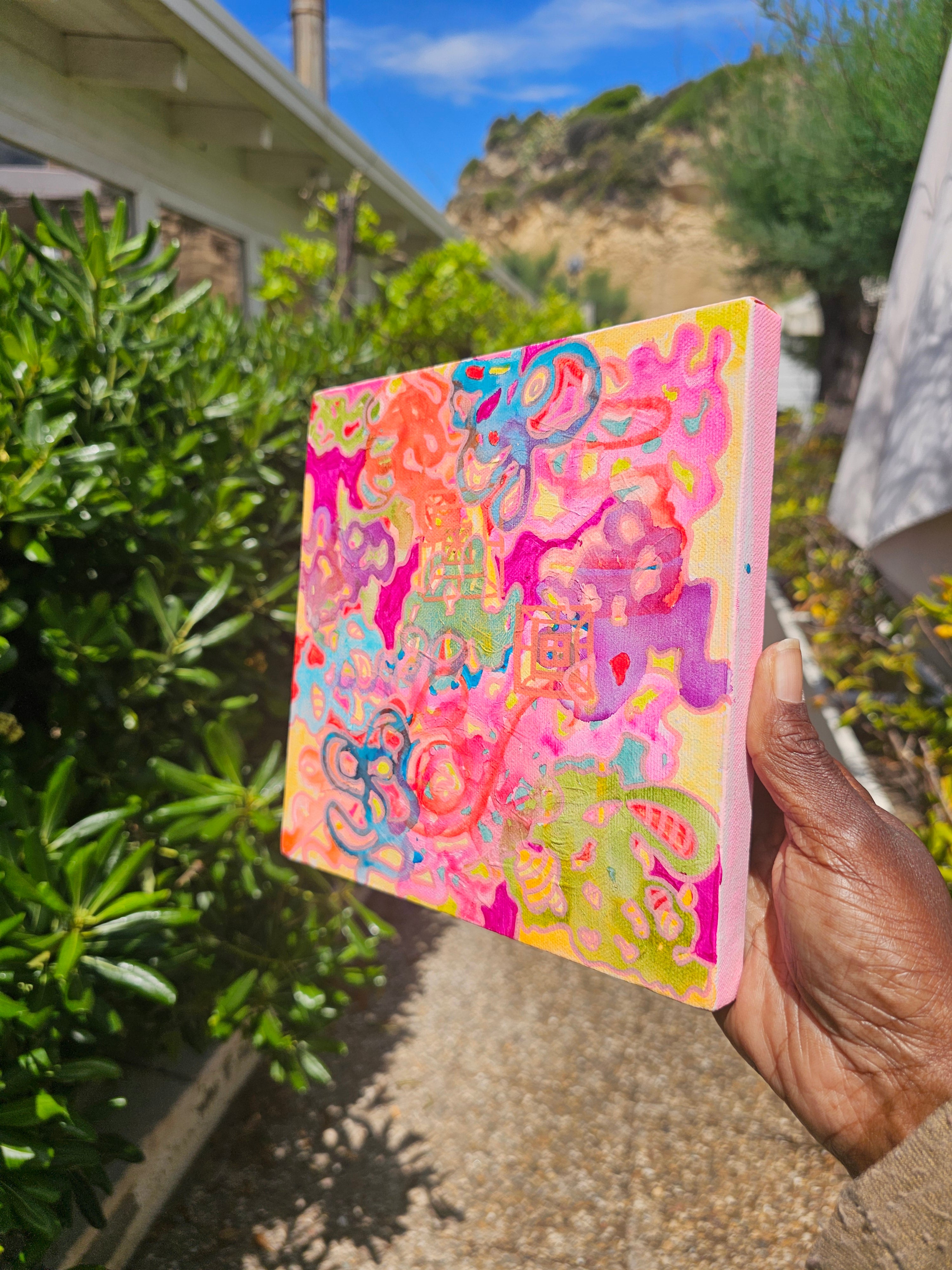 Whimsical Wonderland 20cm x 20cm: Quadro Originale in Acrilico e Pennarelli ad Alcool | Eclectic Nomad Wares