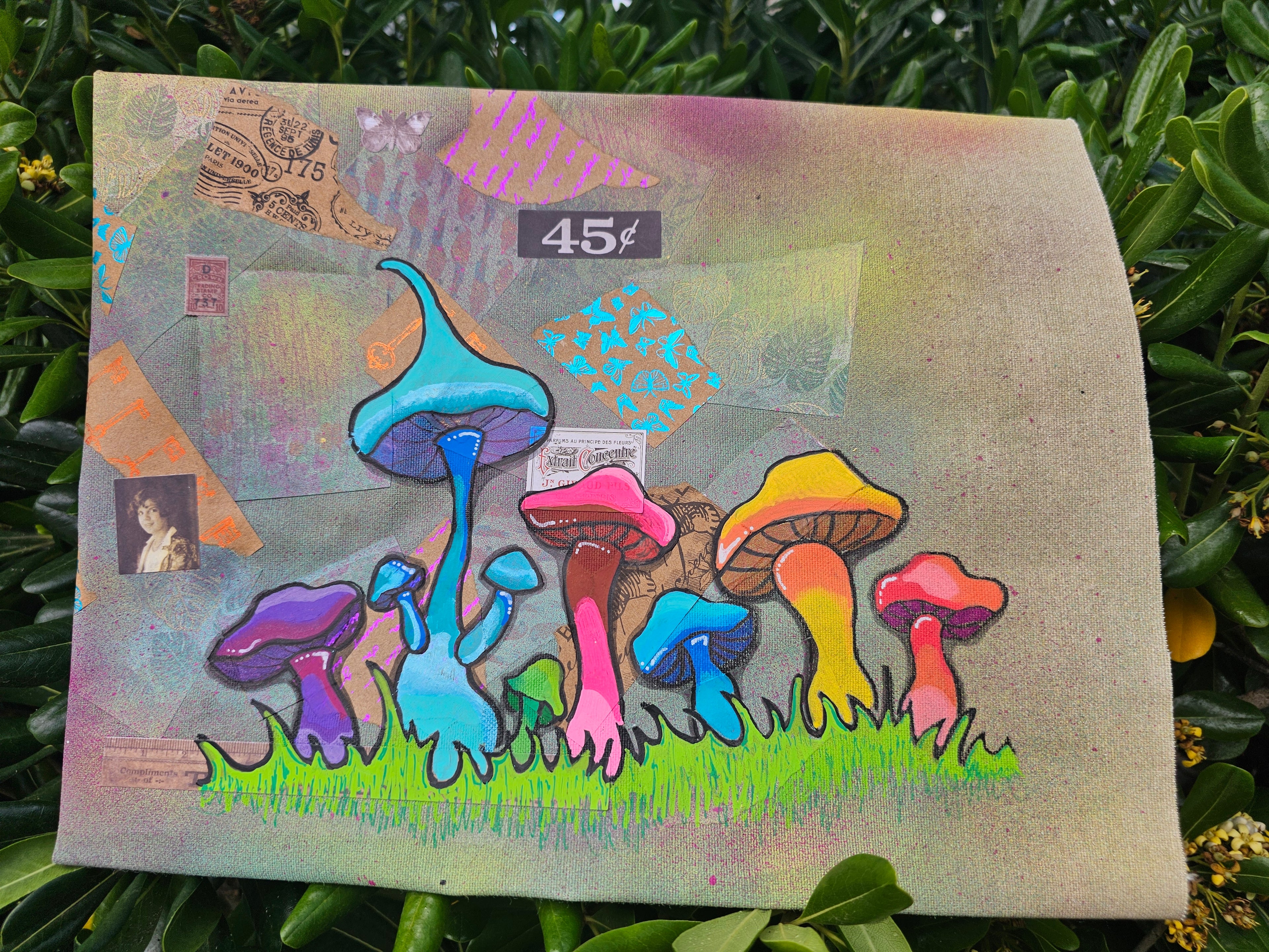 Psychedelic Shrooms: Quadro Originale Mixed Media su Tela (37x28 cm) | Eclectic Nomad Wares