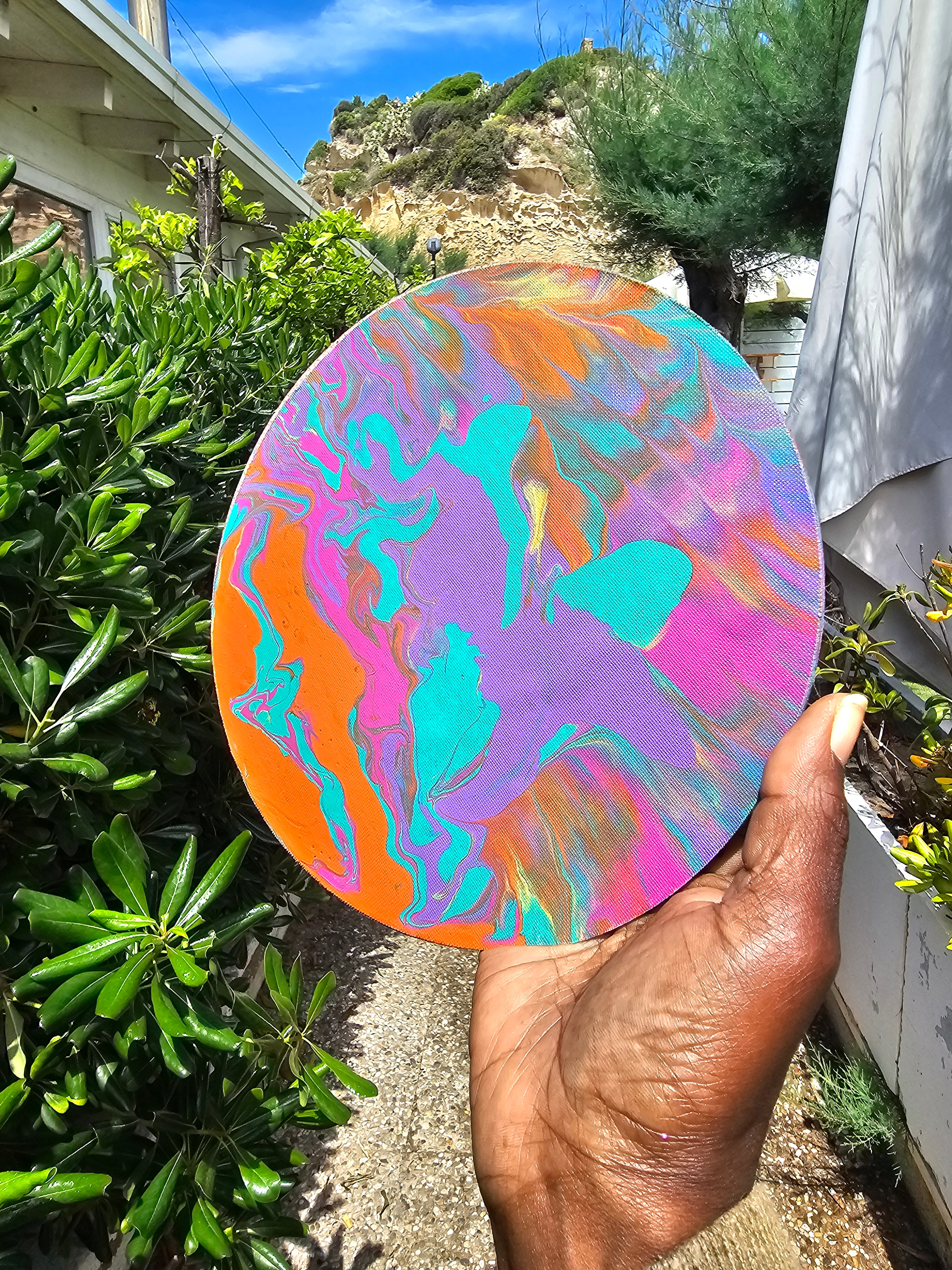 Whimsical Sherbet 20cm: Quadro Rotondo Originale Acrylic Pour | Eclectic Nomad Wares
