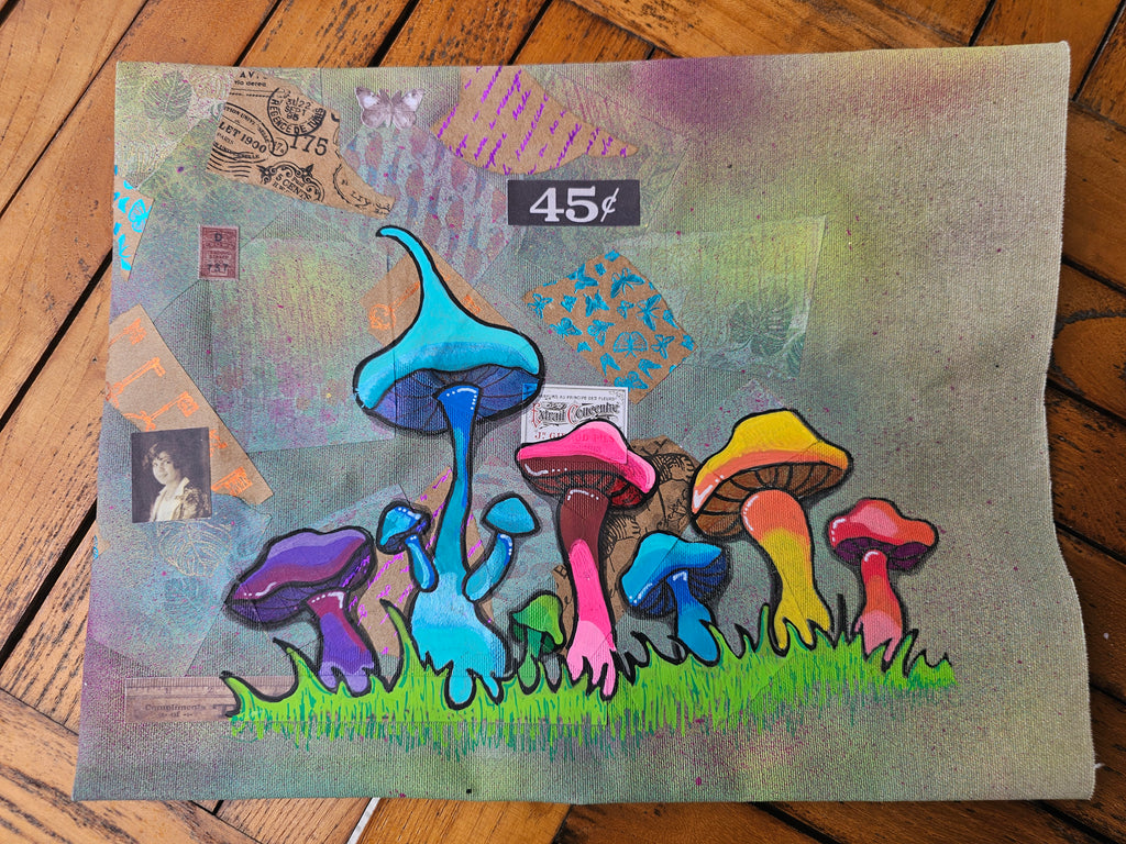 Psychedelic Shrooms: Quadro Originale Mixed Media su Tela (37x28 cm) | Eclectic Nomad Wares