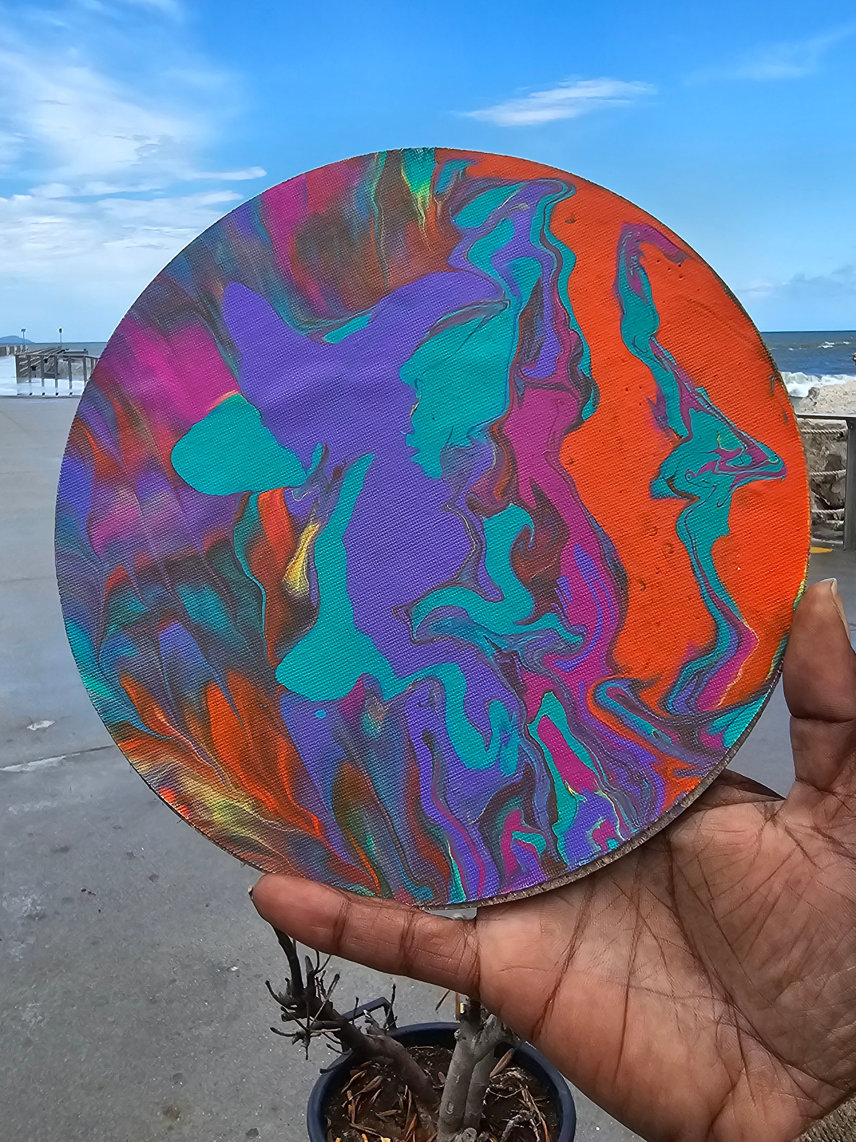 Whimsical Sherbet 20cm: Quadro Rotondo Originale Acrylic Pour | Eclectic Nomad Wares