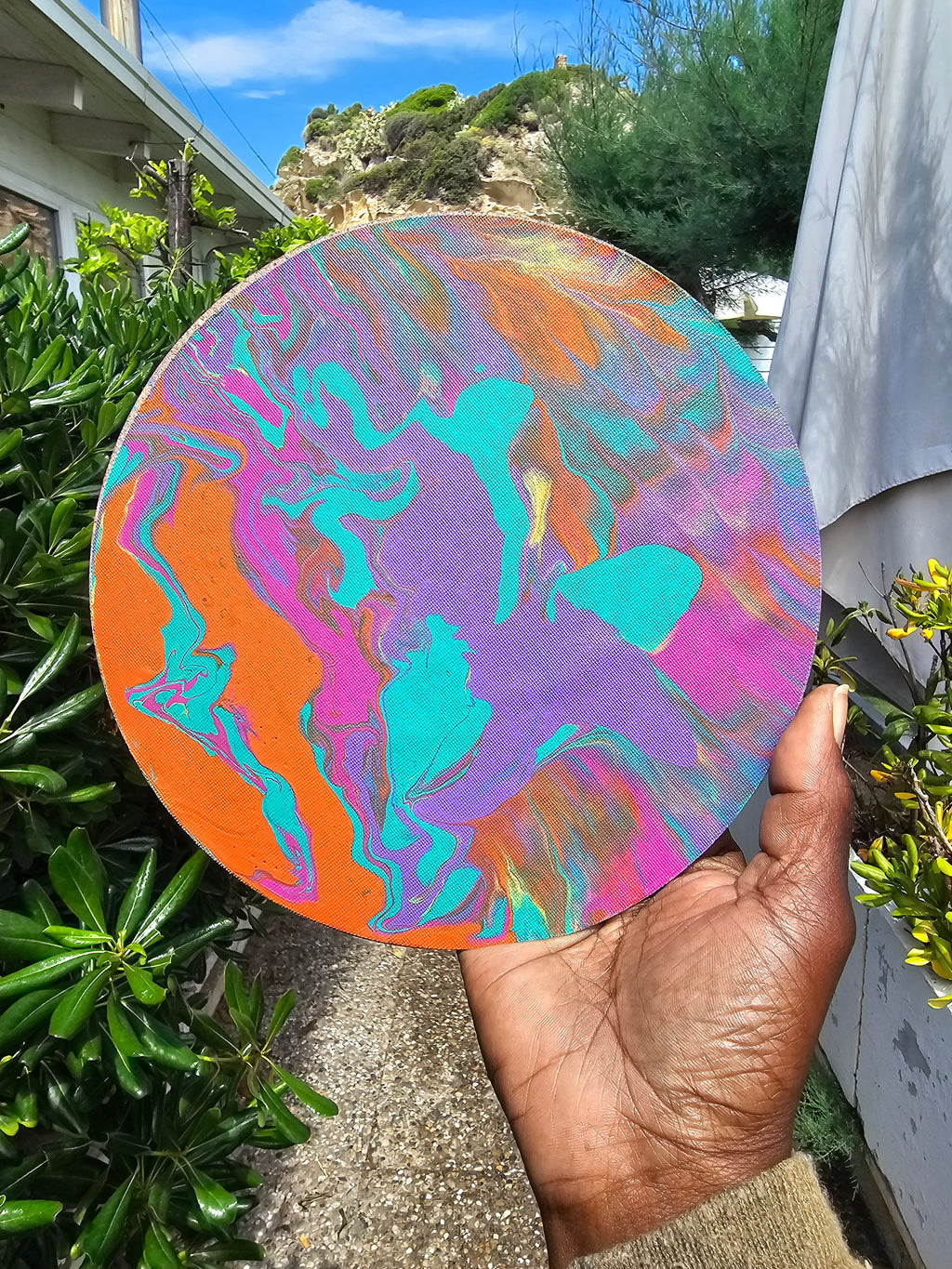 Whimsical Sherbet 20cm: Quadro Rotondo Originale Acrylic Pour | Eclectic Nomad Wares