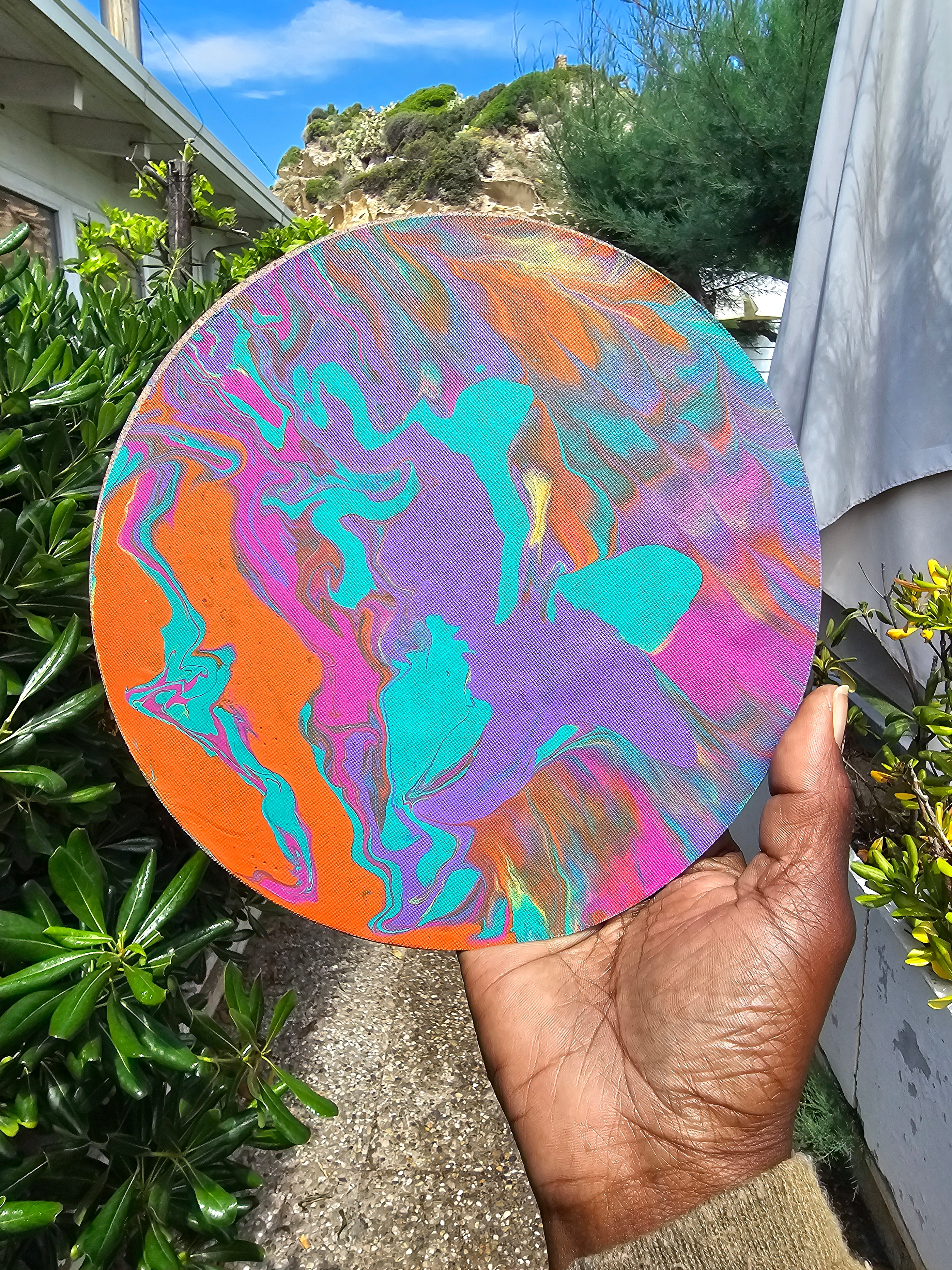 Whimsical Sherbet 20cm: Quadro Rotondo Originale Acrylic Pour | Eclectic Nomad Wares
