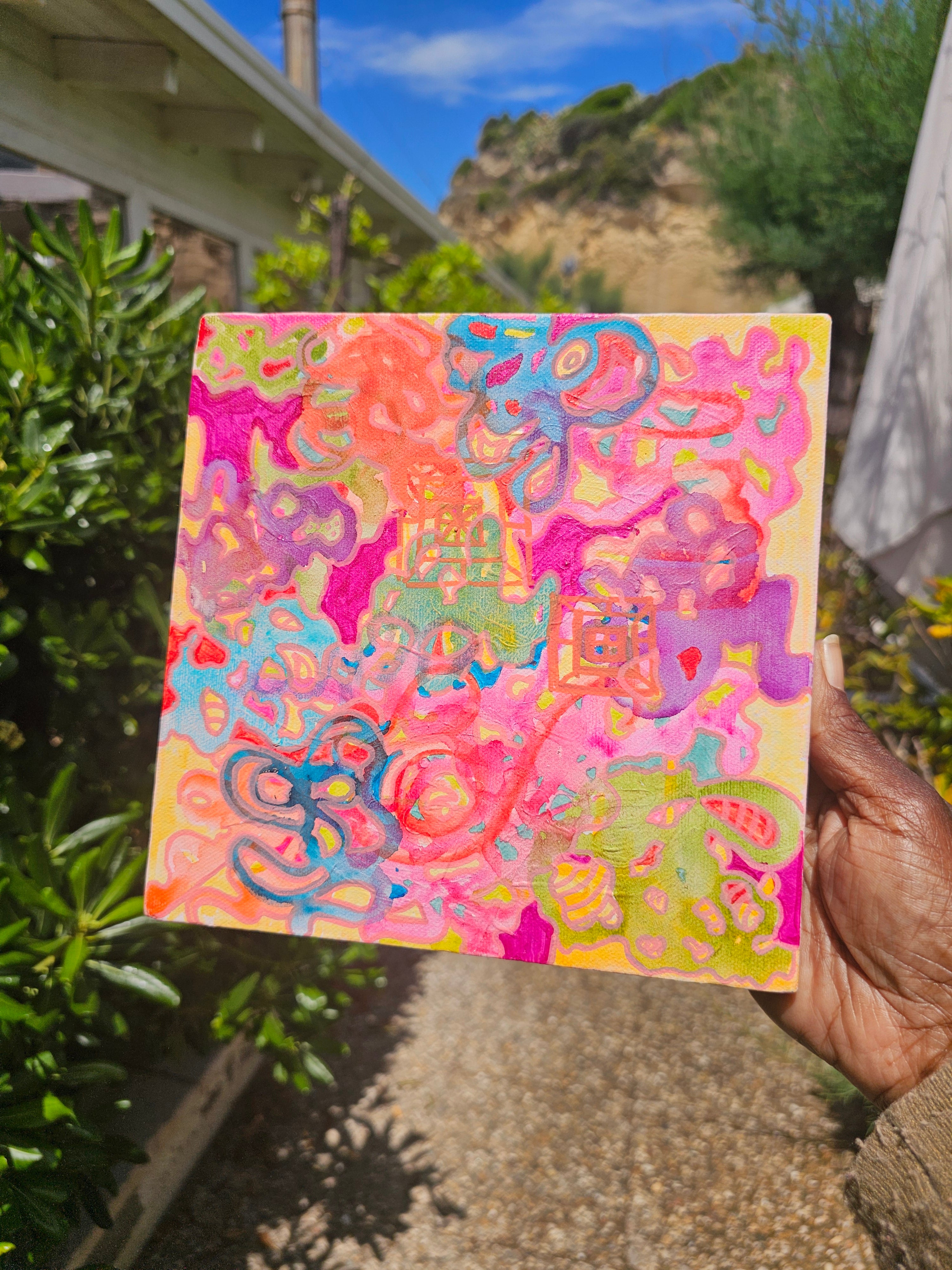 Whimsical Wonderland 20cm x 20cm: Quadro Originale in Acrilico e Pennarelli ad Alcool | Eclectic Nomad Wares