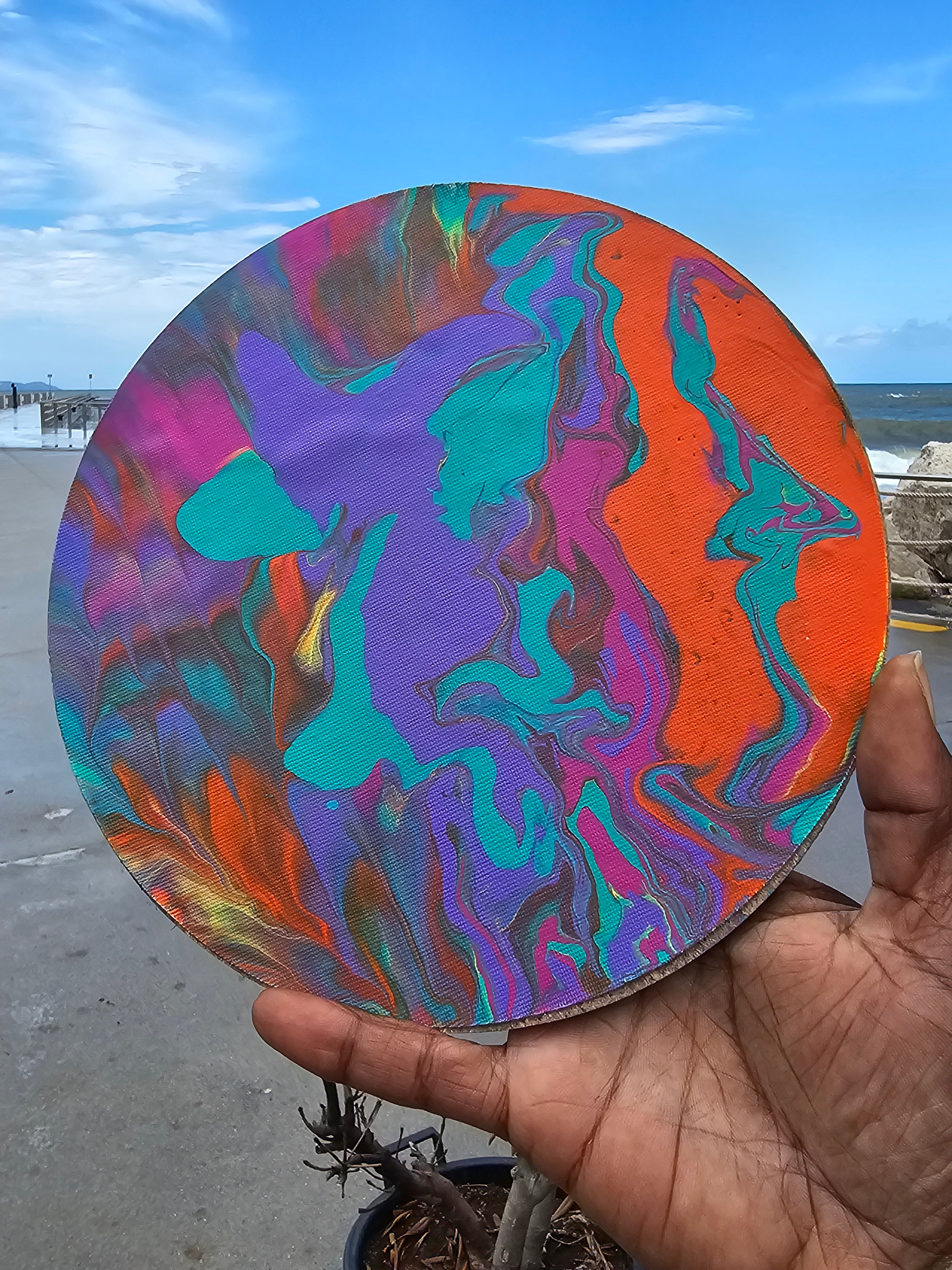 Whimsical Sherbet 20cm: Quadro Rotondo Originale Acrylic Pour | Eclectic Nomad Wares